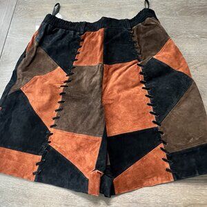 VTG 90s~Margaret Godfrey~100% Leather Suede Patchwork Shorts High-Rise~Size 14